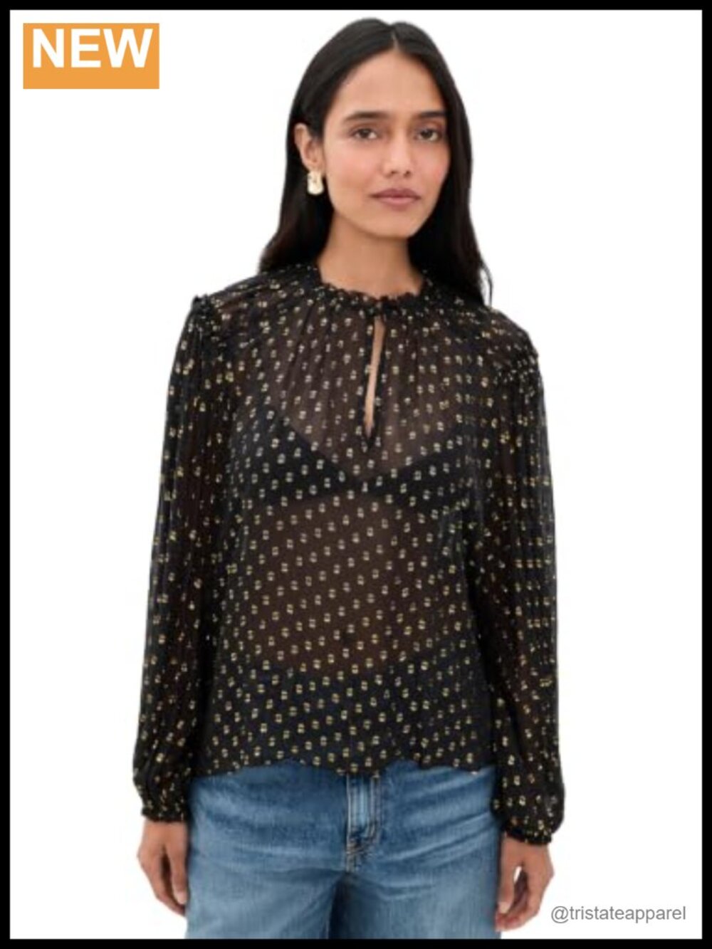 Silk Long Sleeve Blouse Mock Neck Button Keyhole Front